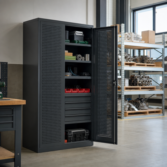 Tall Metal Storage Cupboard with Perforated Doors and Drawers