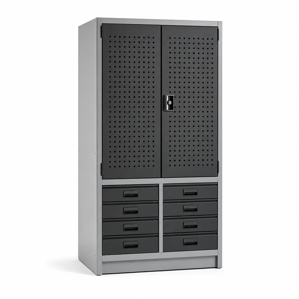 Tall Metal Storage Cupboard with Perforated Doors and Drawers