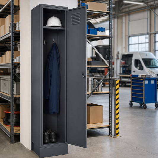 Tall Metal Storage Locker with Hat Shelf and Hooks