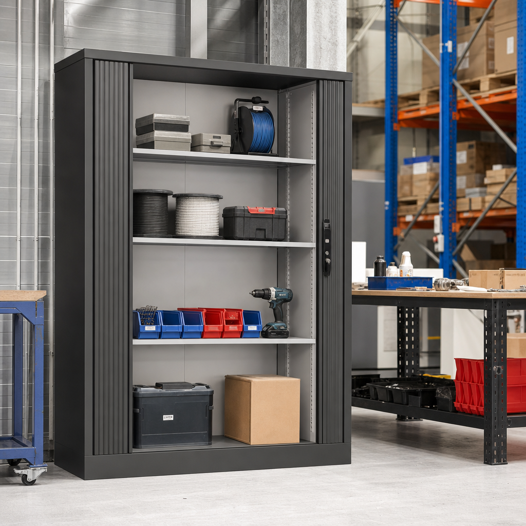 Tall Metal Tambour Cupboard with 4 Shelves 1950 x 1200mm