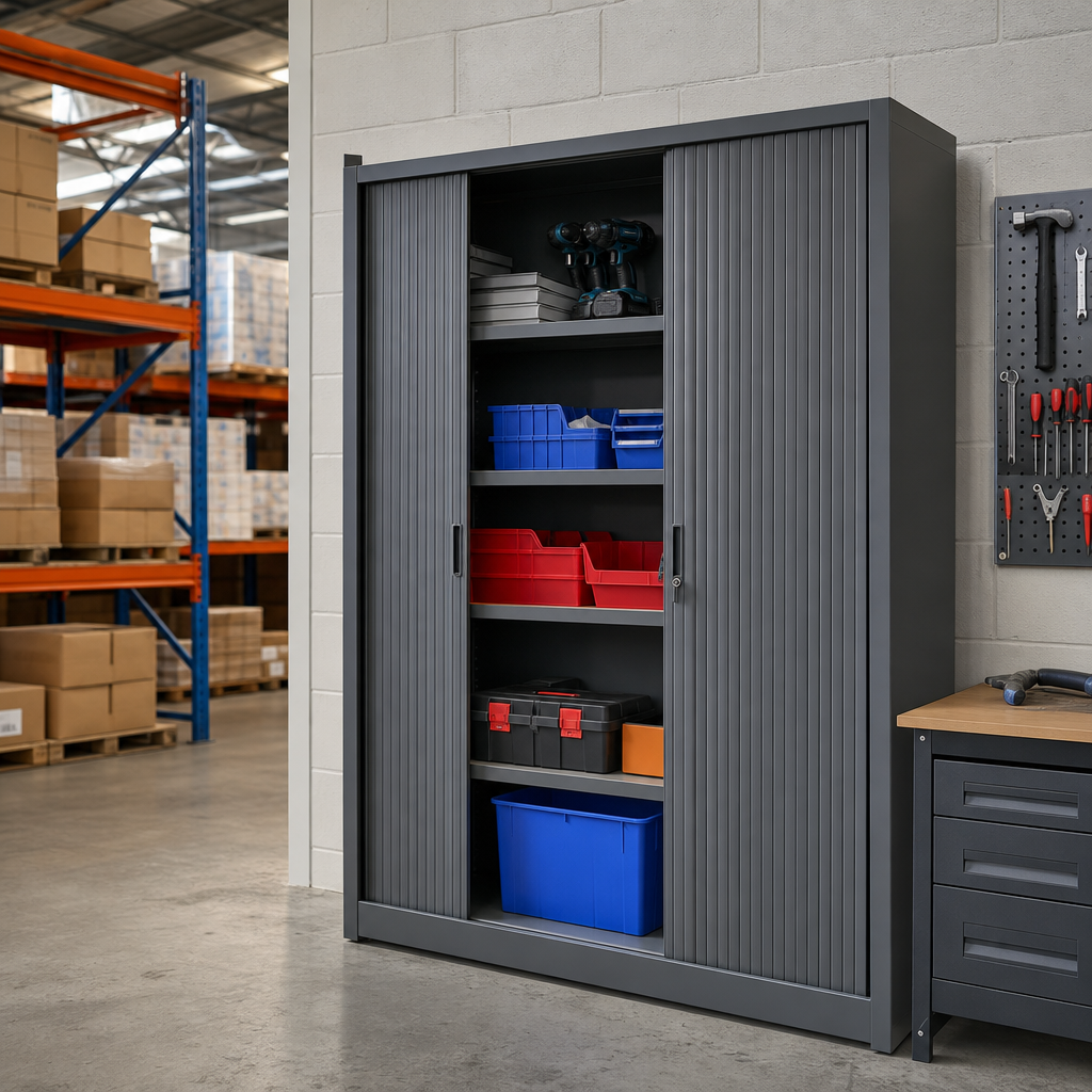 Tall Metal Tambour Door Cupboard with 4 Shelves 1950x1000mm