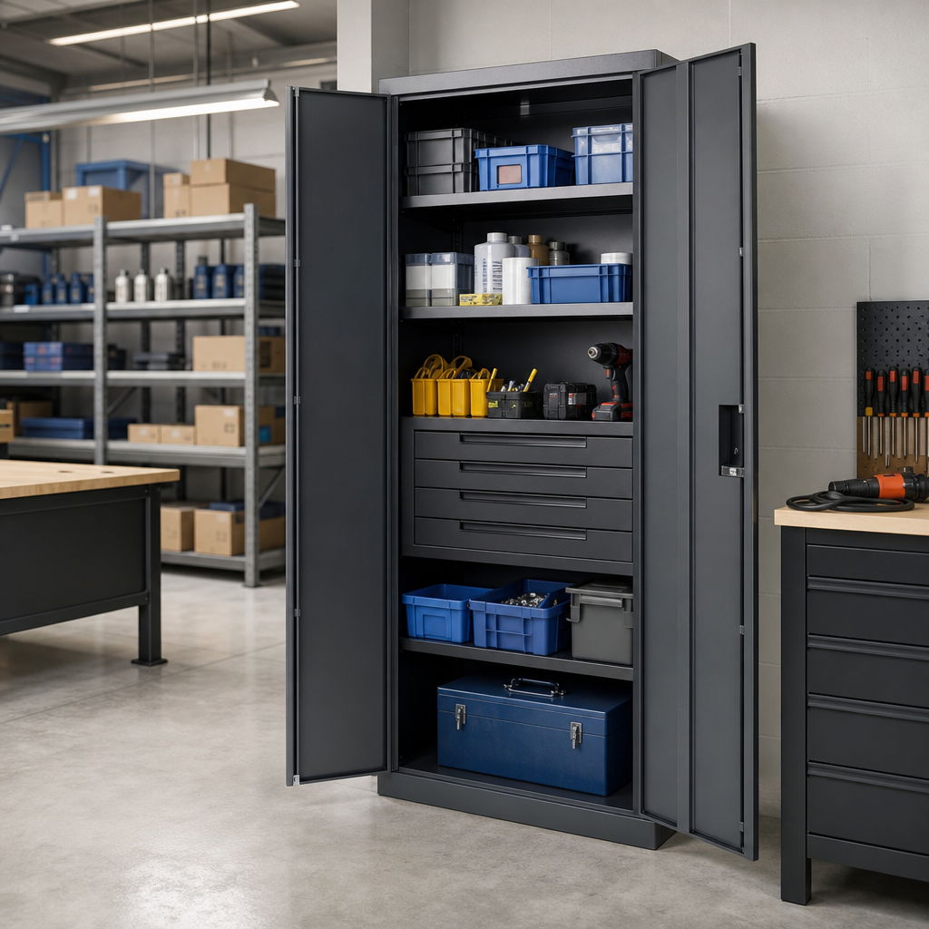 Tall Metal Workshop Cupboard with Drawers and Shelves