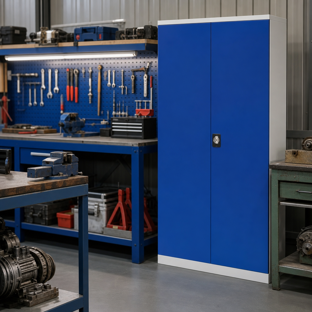 Tall Metal Workshop Cupboard with Drawers and Shelves