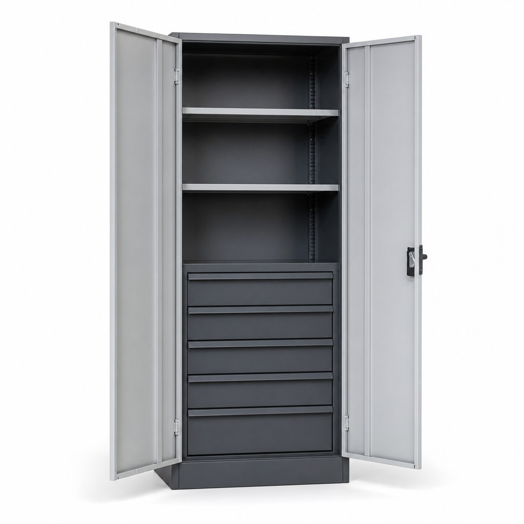 Tall Metal Workshop Cupboard with Drawers and Shelves