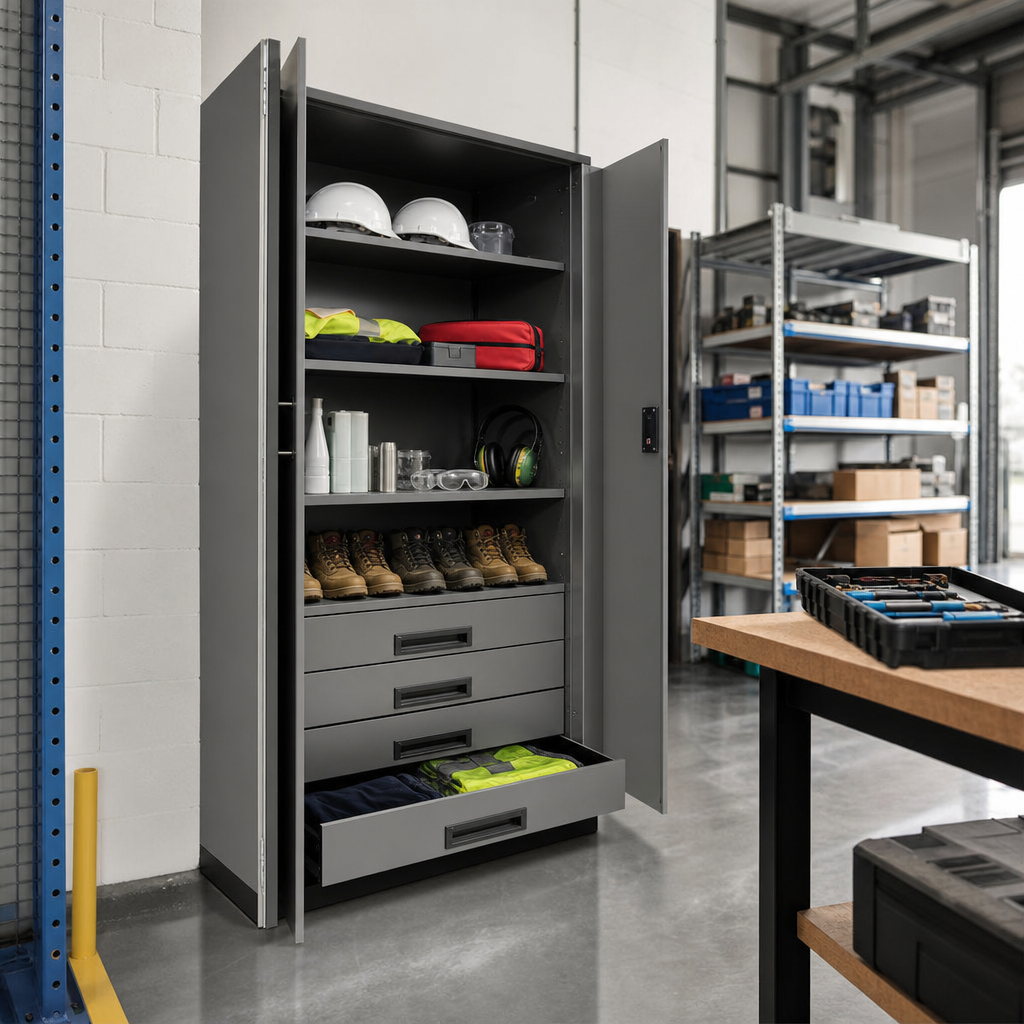 Tall PPE Storage Cabinet with Shelves and Drawers 2000 x 1050mm