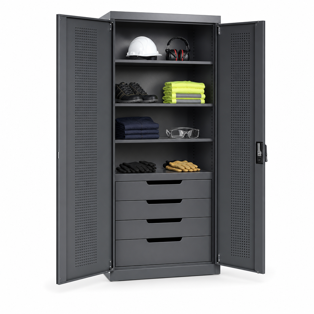 Tall PPE Storage Cabinet with Shelves and Drawers 2000 x 1050mm