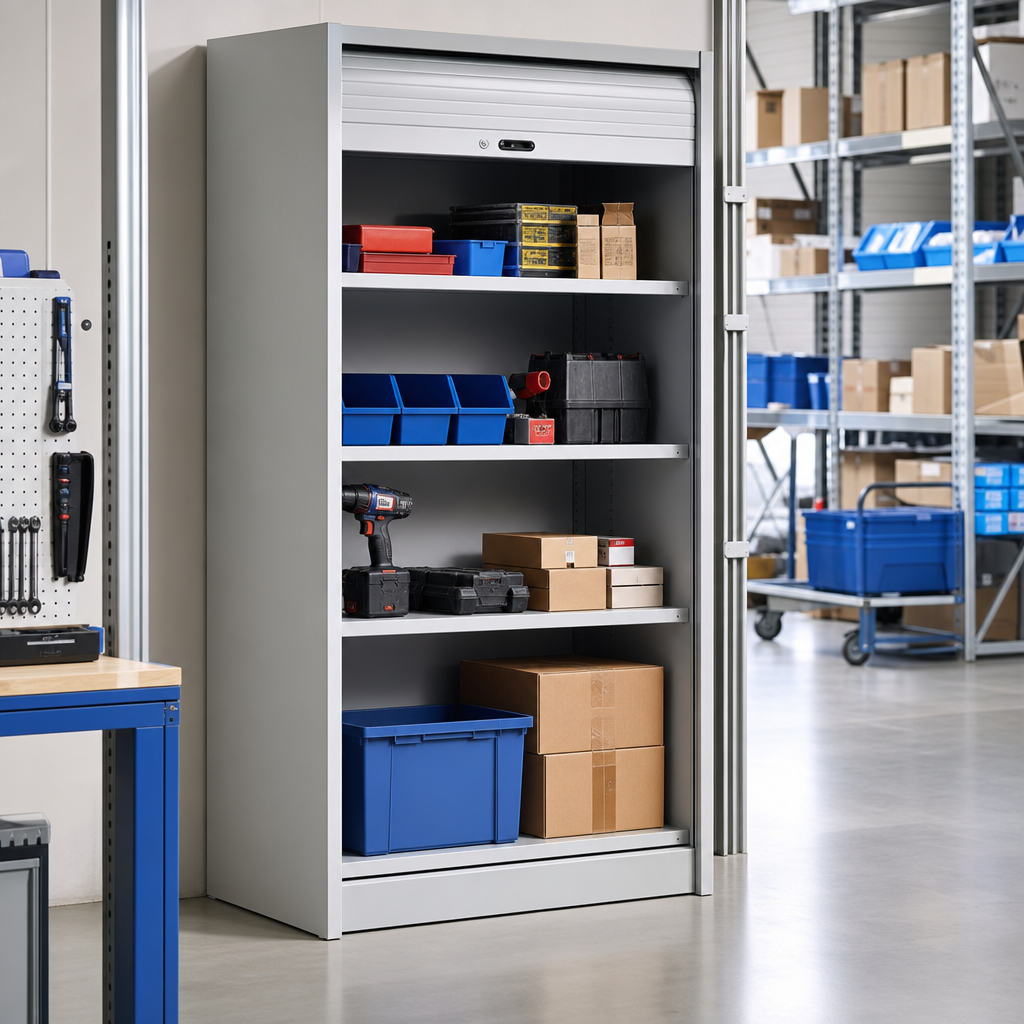 Tall Roller Shutter Metal Cabinet with 4 Shelves 2000x1300x650mm