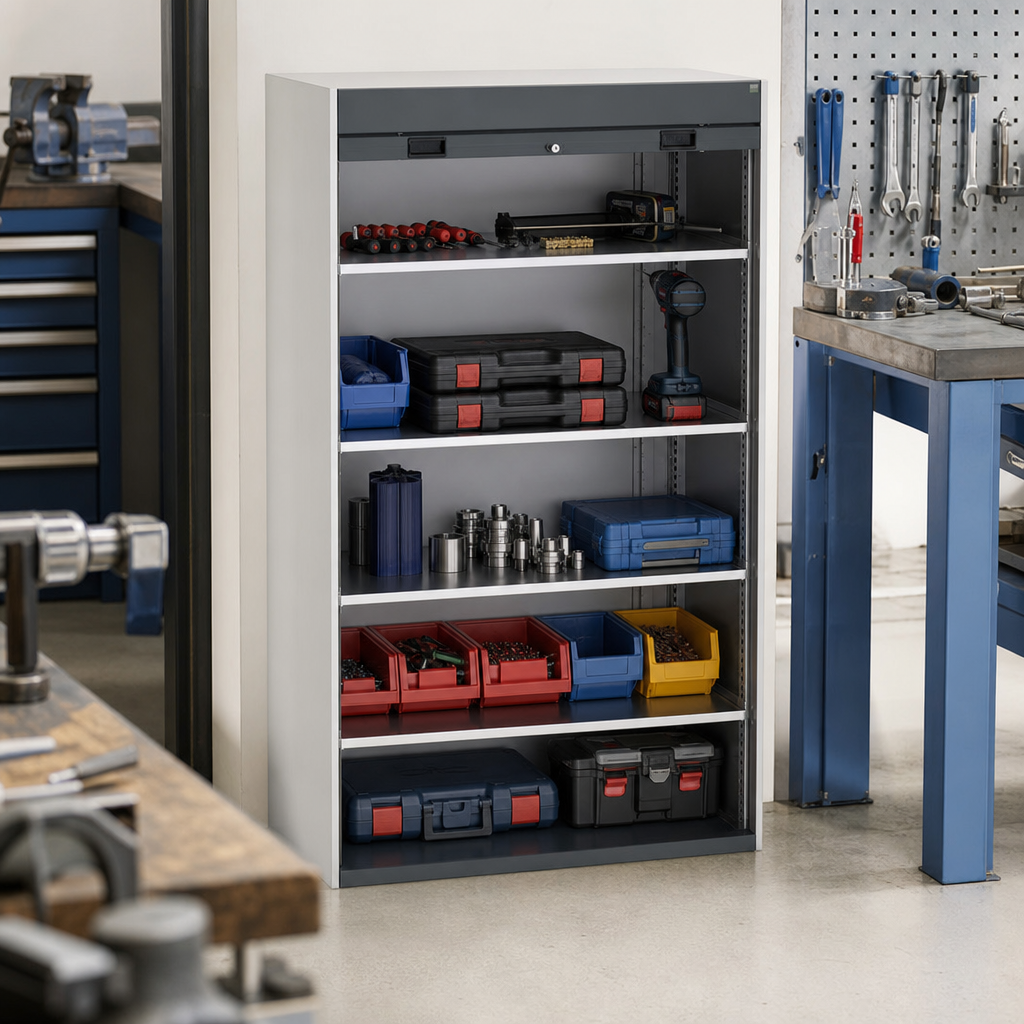 Tall Roller Shutter Metal Cabinet with 4 Shelves 2000x1300x650mm