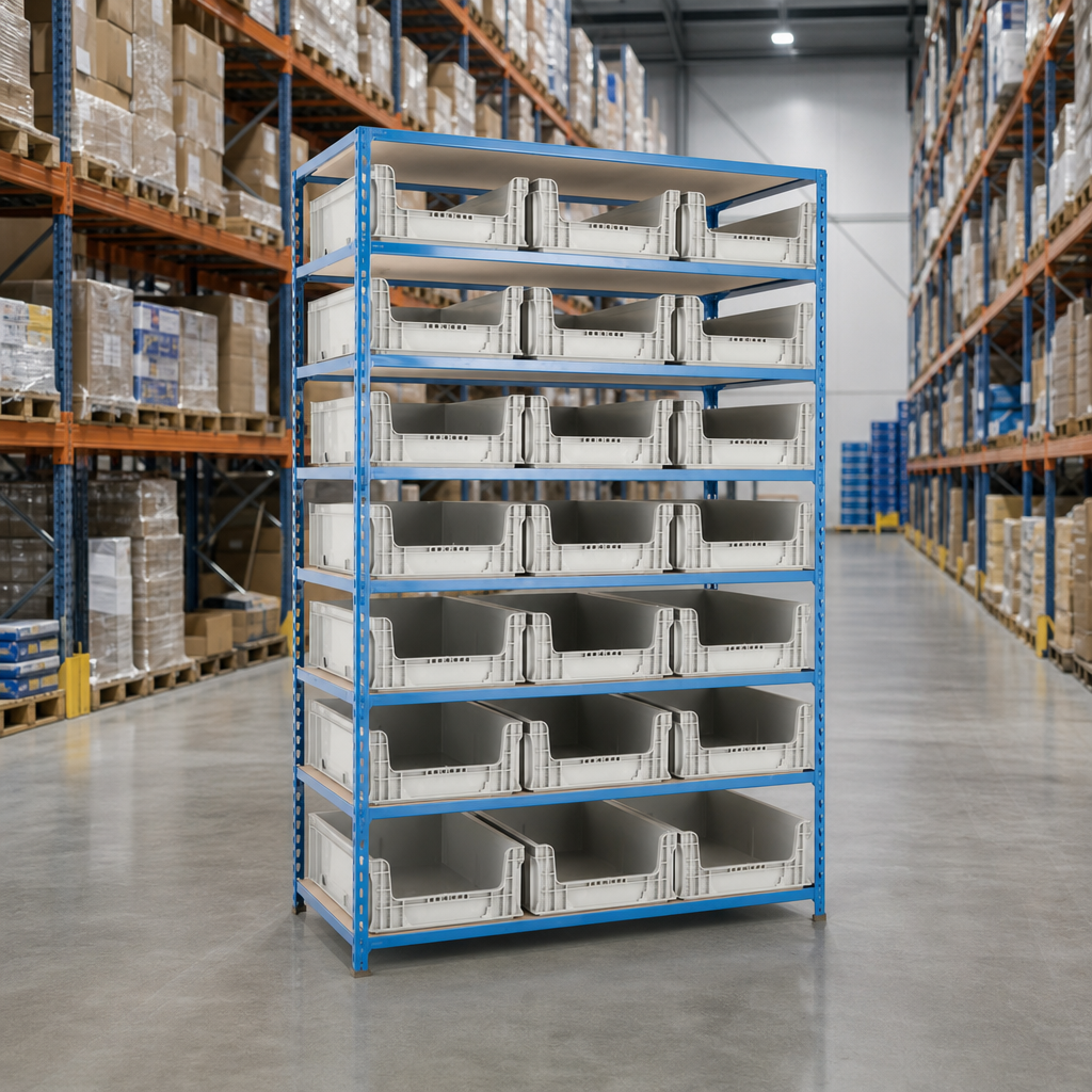 Tall Shelving Bay with 21 Open Fronted Euro Containers