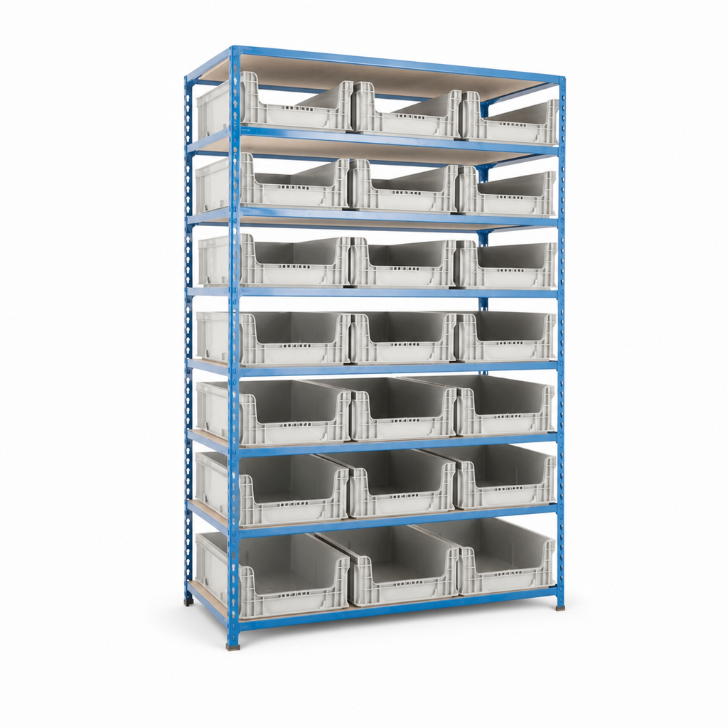 Tall Shelving Bay with 21 Open Fronted Euro Containers