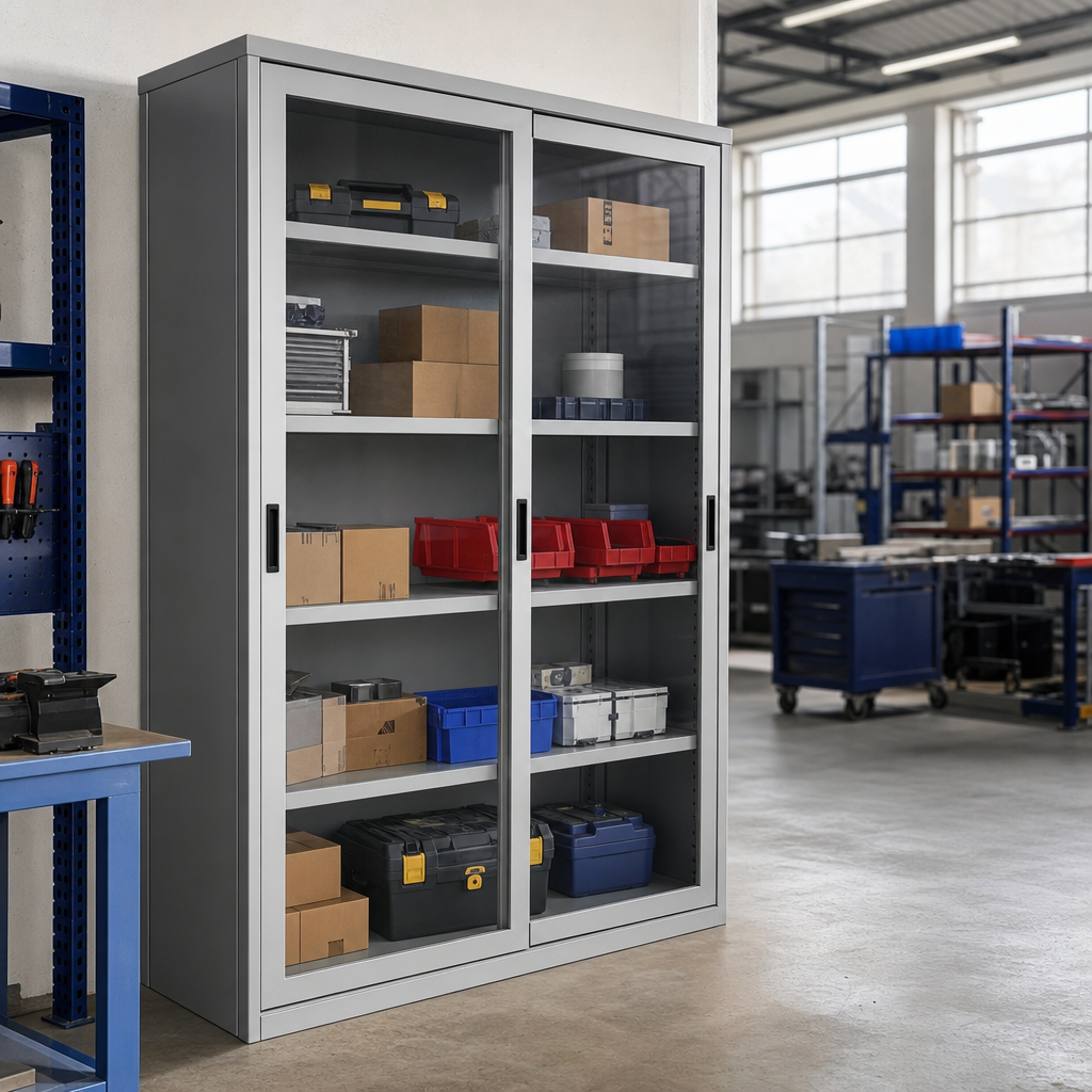 Tall Steel Cabinet with Transparent Sliding Doors