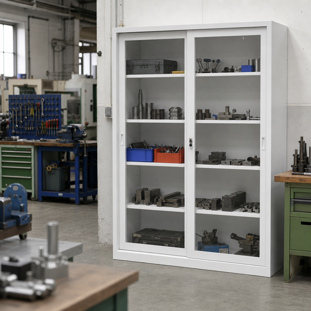 Tall Steel Cabinet with Transparent Sliding Doors