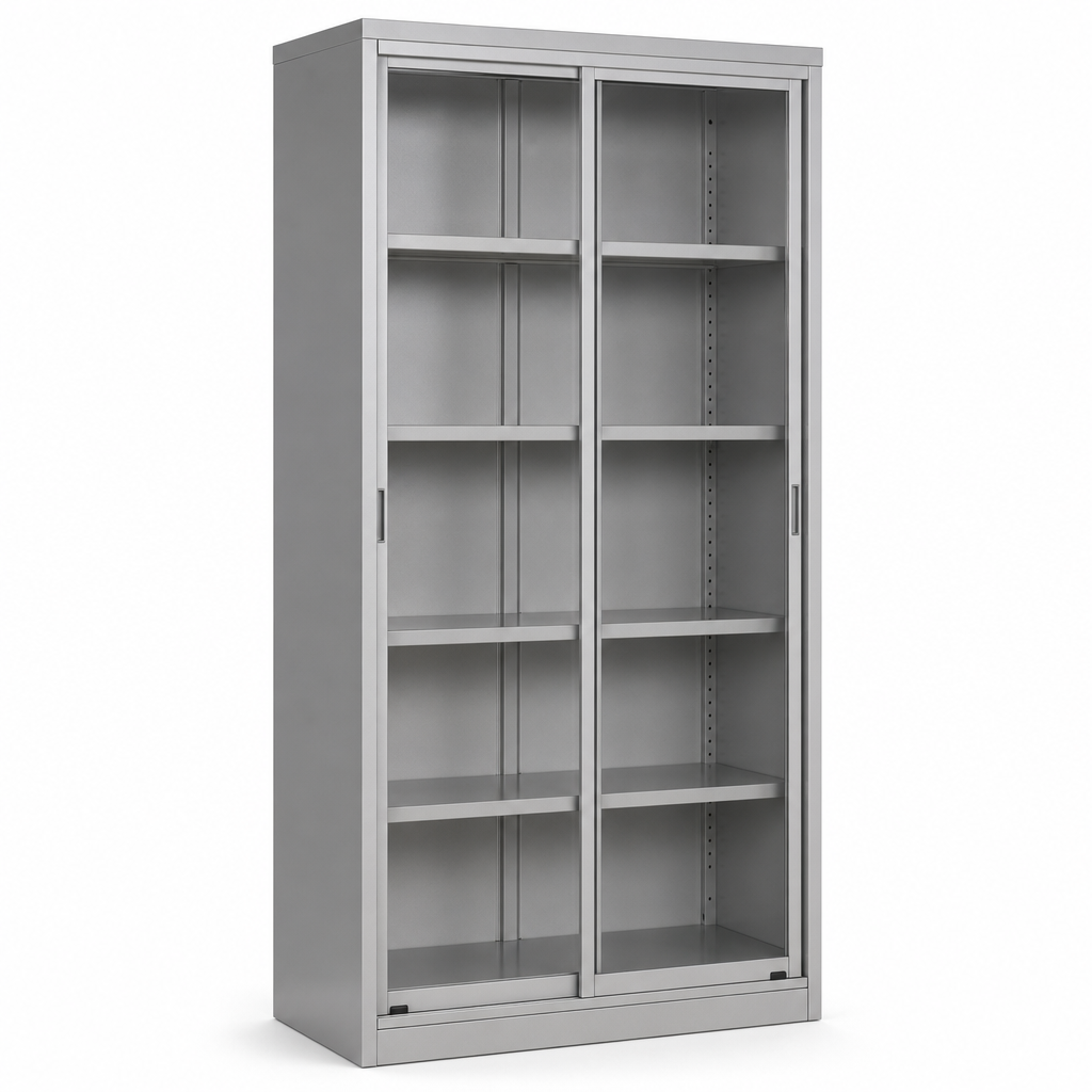 Tall Steel Cabinet with Transparent Sliding Doors