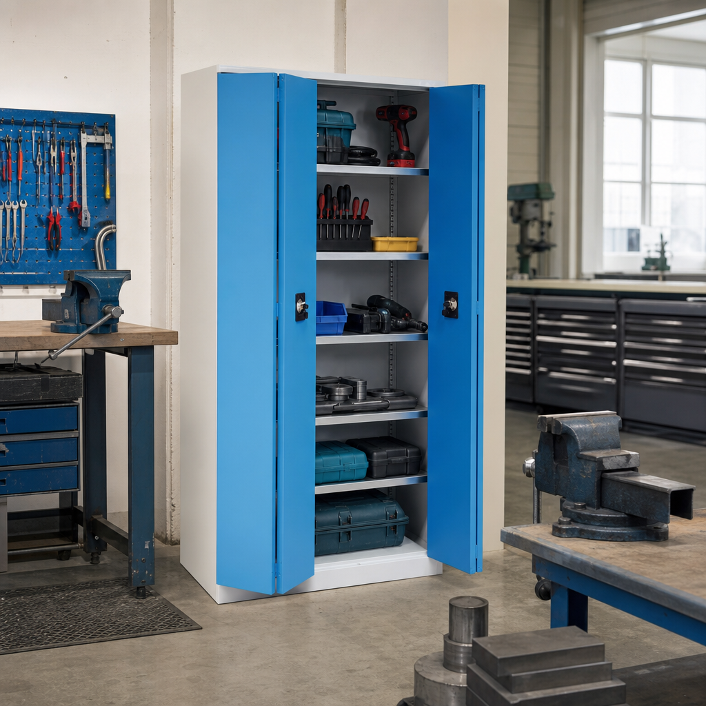 Tall Steel Storage Cabinet with Bifold Doors