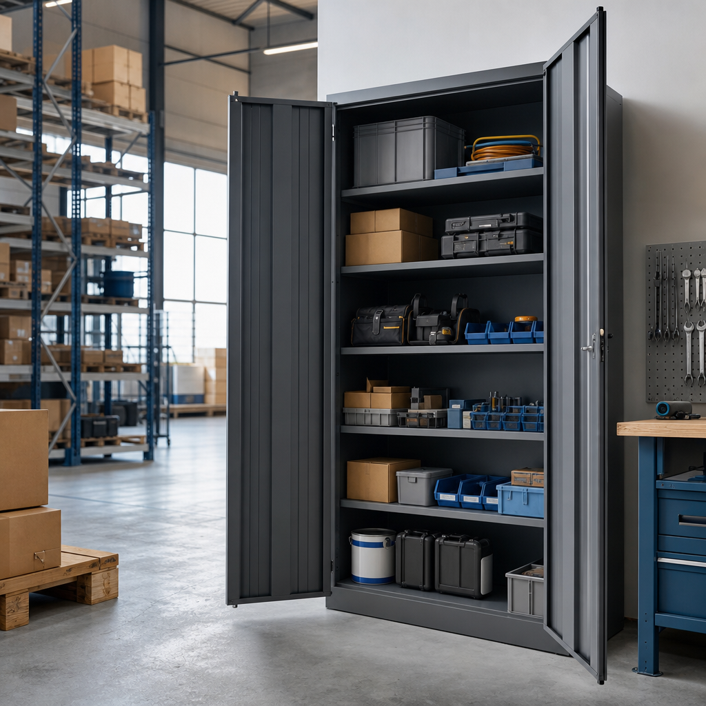Tall Steel Storage Cabinet with Bifold Doors
