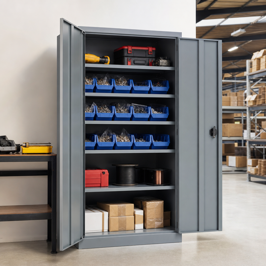 Tall Steel Storage Cupboard with Picking Bins and Plain Doors