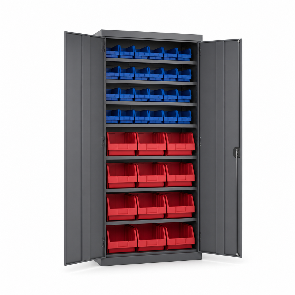 Tall Steel Storage Cupboard with Picking Bins and Plain Doors
