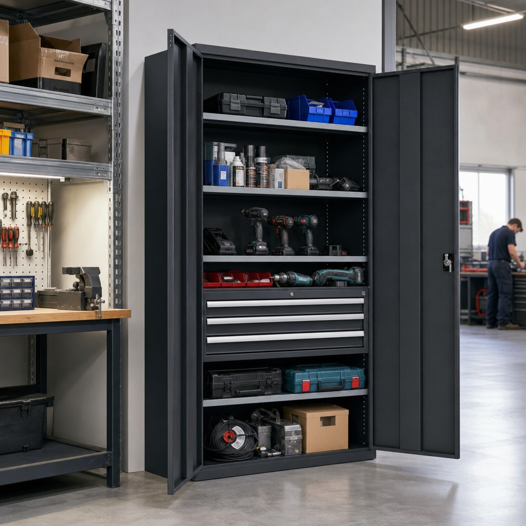 Tall Steel Tool Cupboard with Drawers and Shelves 2000x1050mm