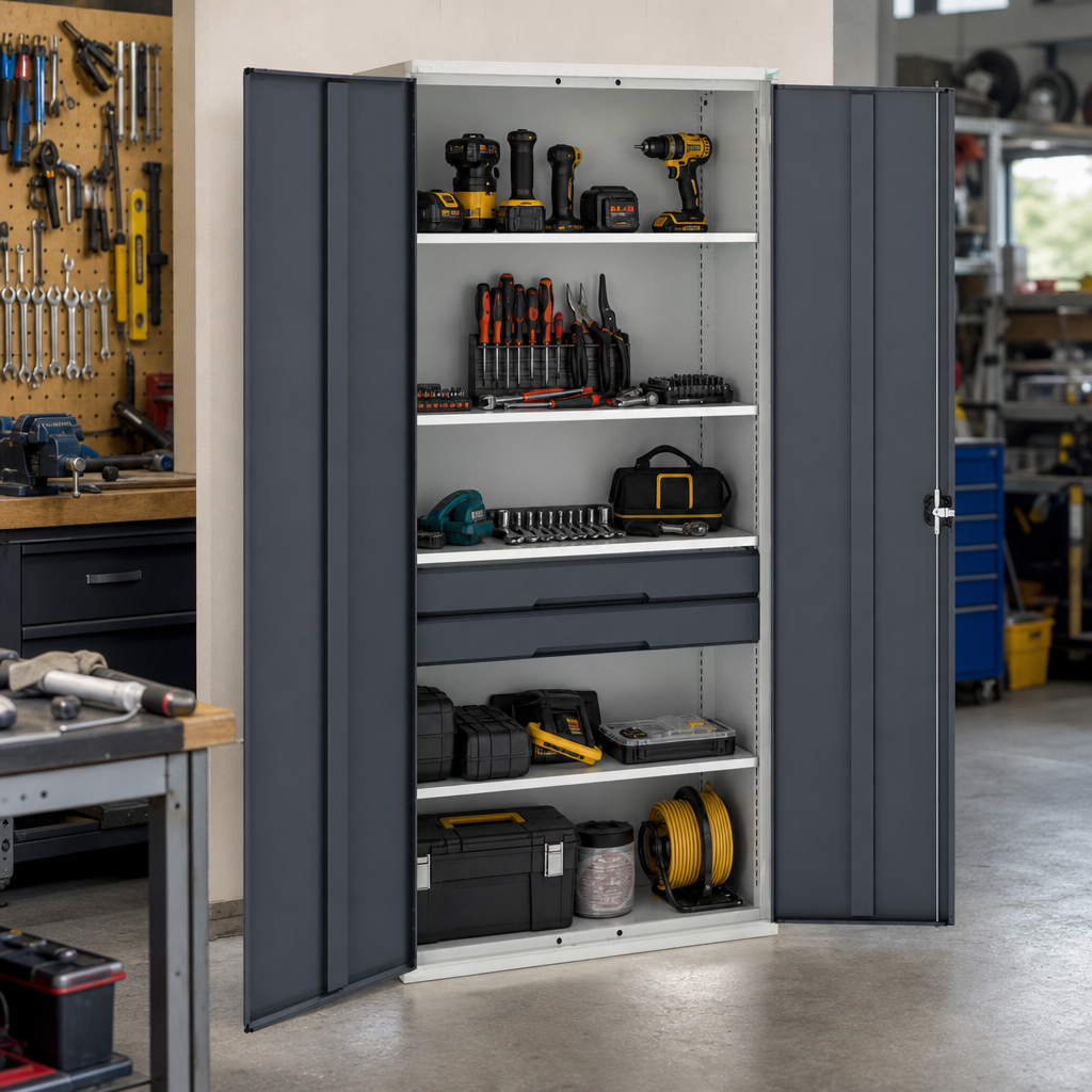 Tall Steel Tool Cupboard with Drawers and Shelves 2000x1050mm