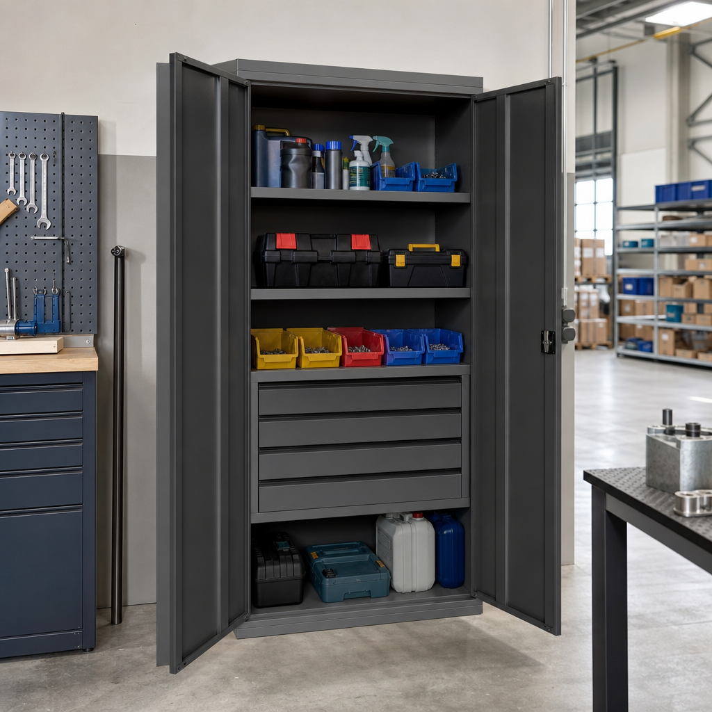 Tall Steel Workshop Cupboard with Drawers and Shelves 2000x1050mm