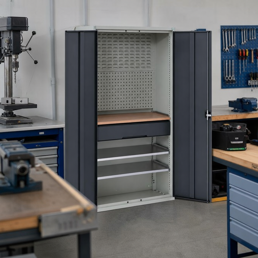 Tall Steel Workshop Cupboard with Drawers and Shelves 2000x1050mm