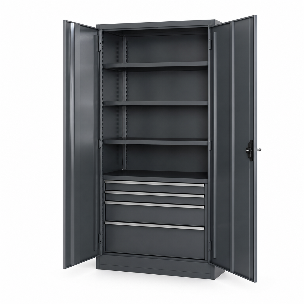Tall Steel Workshop Cupboard with Drawers and Shelves 2000x1050mm