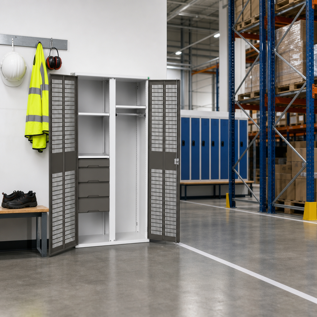 Tall Ventilated PPE Metal Cabinet with Drawers and Shelves