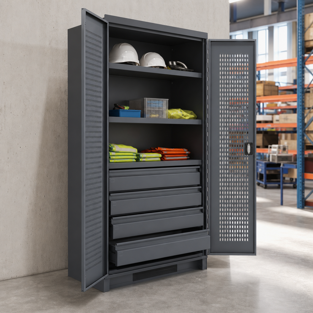 Tall Ventilated PPE Metal Cabinet with Drawers and Shelves