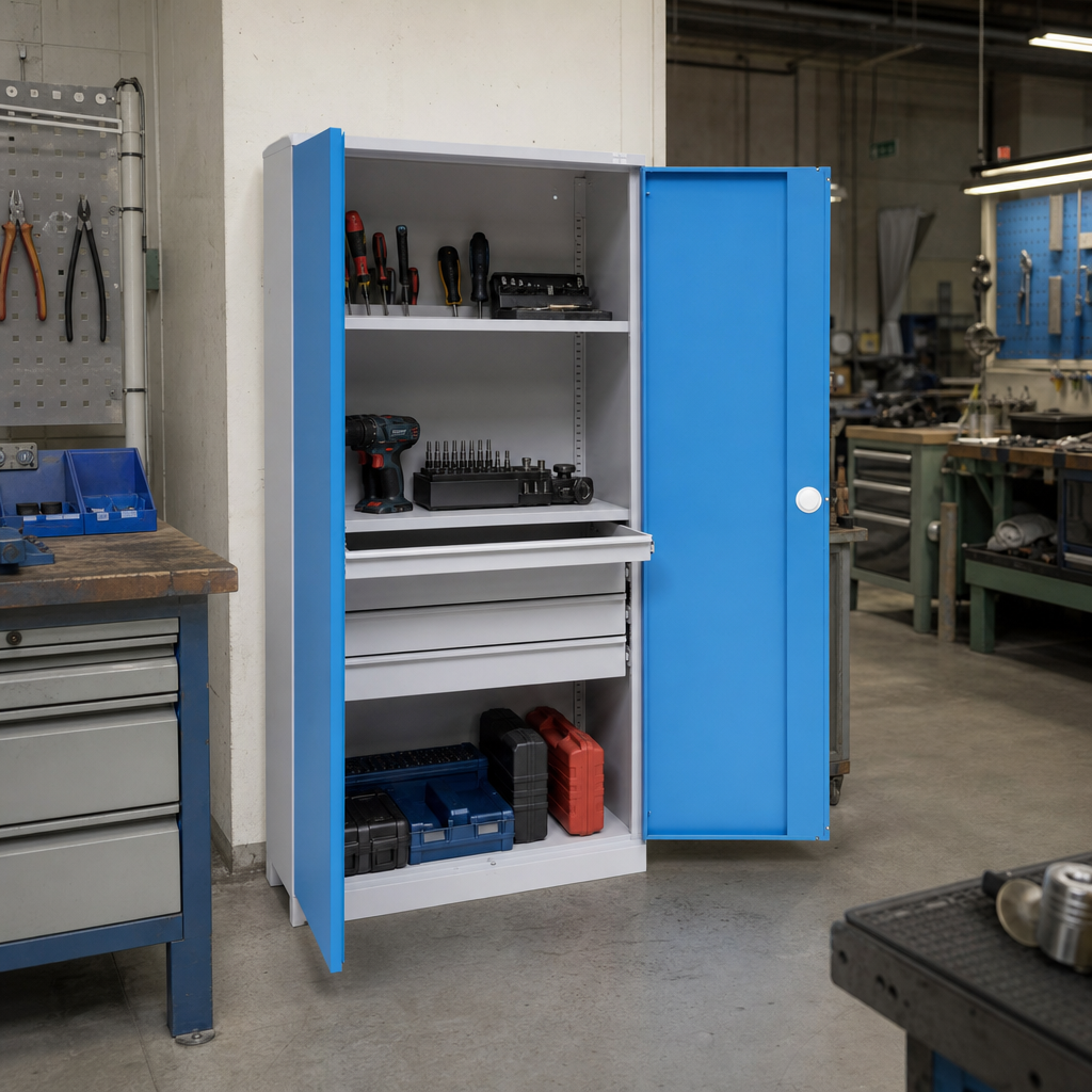Tall Workshop Cupboard with Drawers and Shelves