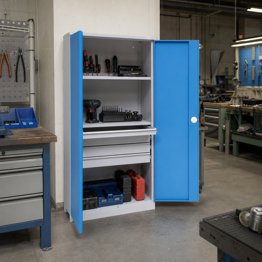 Tall Workshop Cupboard with Drawers and Shelves