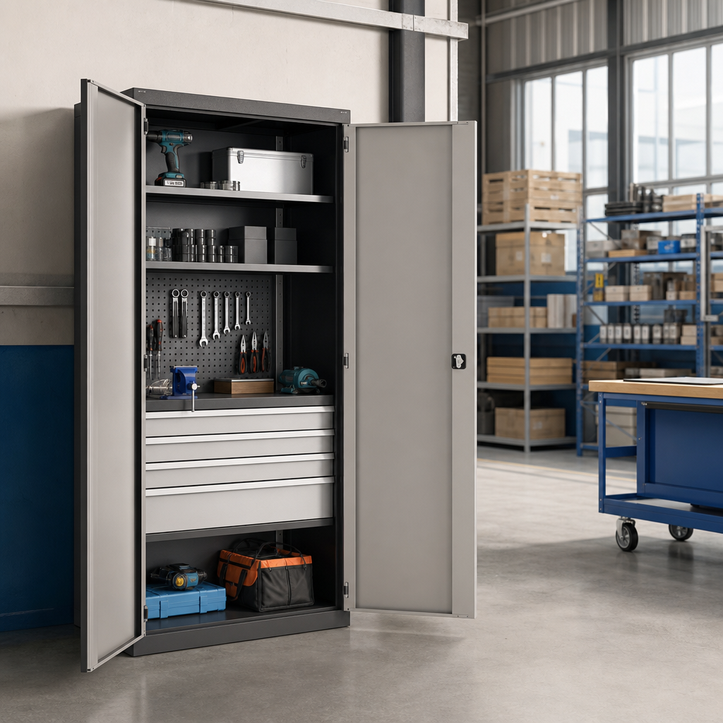 Tall Workshop Cupboard with Drawers and Shelves