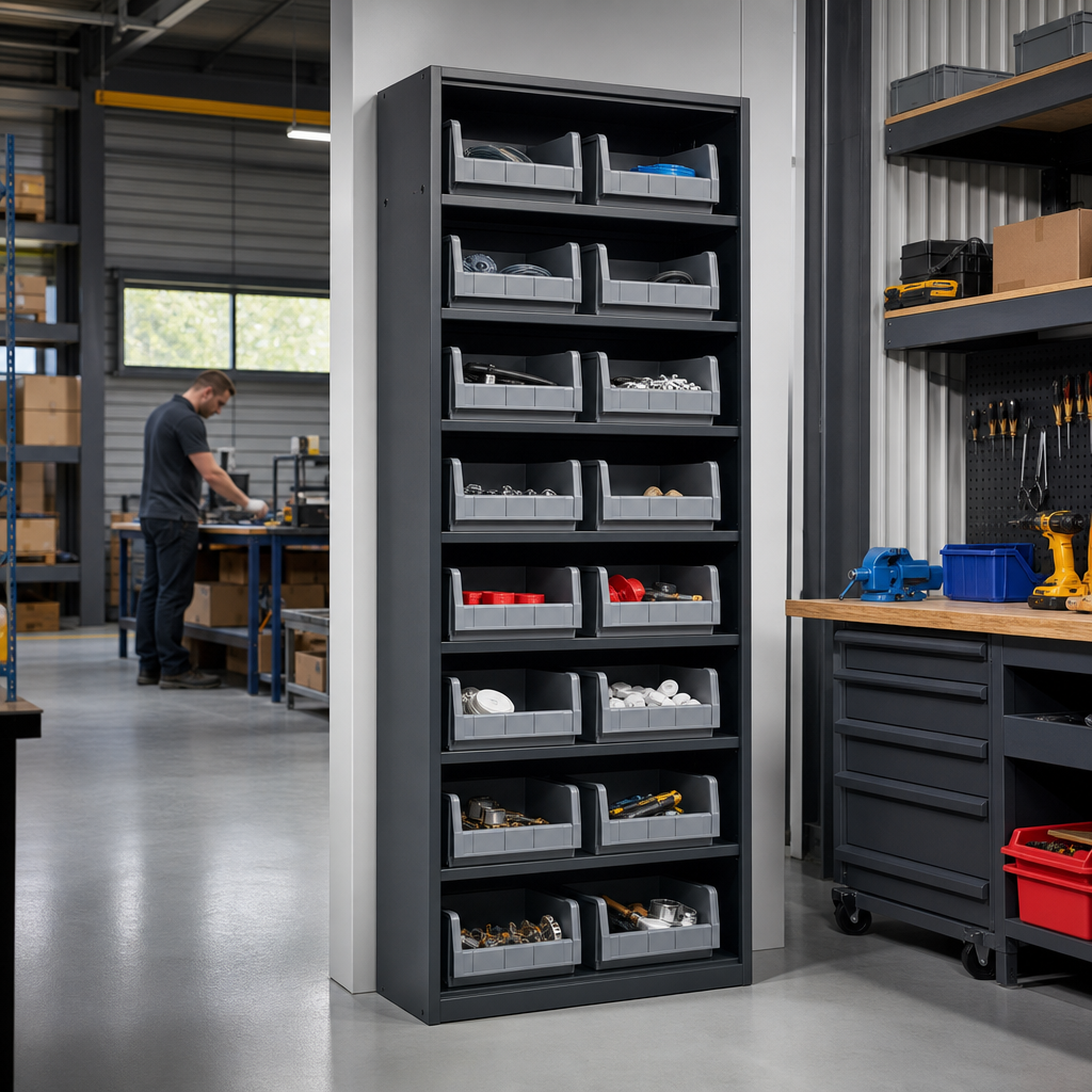 Tall Workshop Storage Cabinet with 14 Bins 2000x800mm