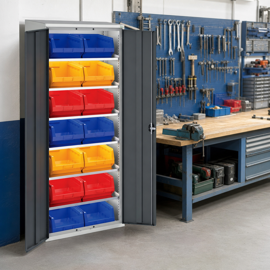 Tall Workshop Storage Cabinet with 14 Bins 2000x800mm