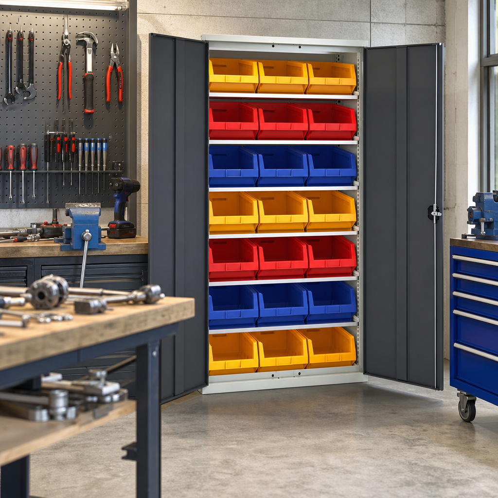 Tall Workshop Storage Cabinet with 21 Bins 2000x1050mm