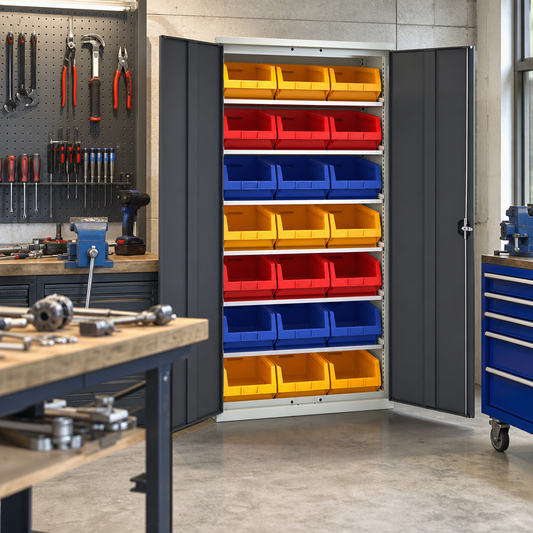 Tall Workshop Storage Cabinet with 21 Bins 2000x1050mm