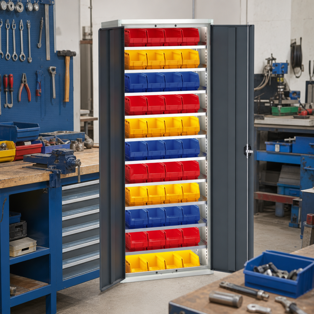 Tall Workshop Storage Cabinet with 44 Bins 2000x800mm