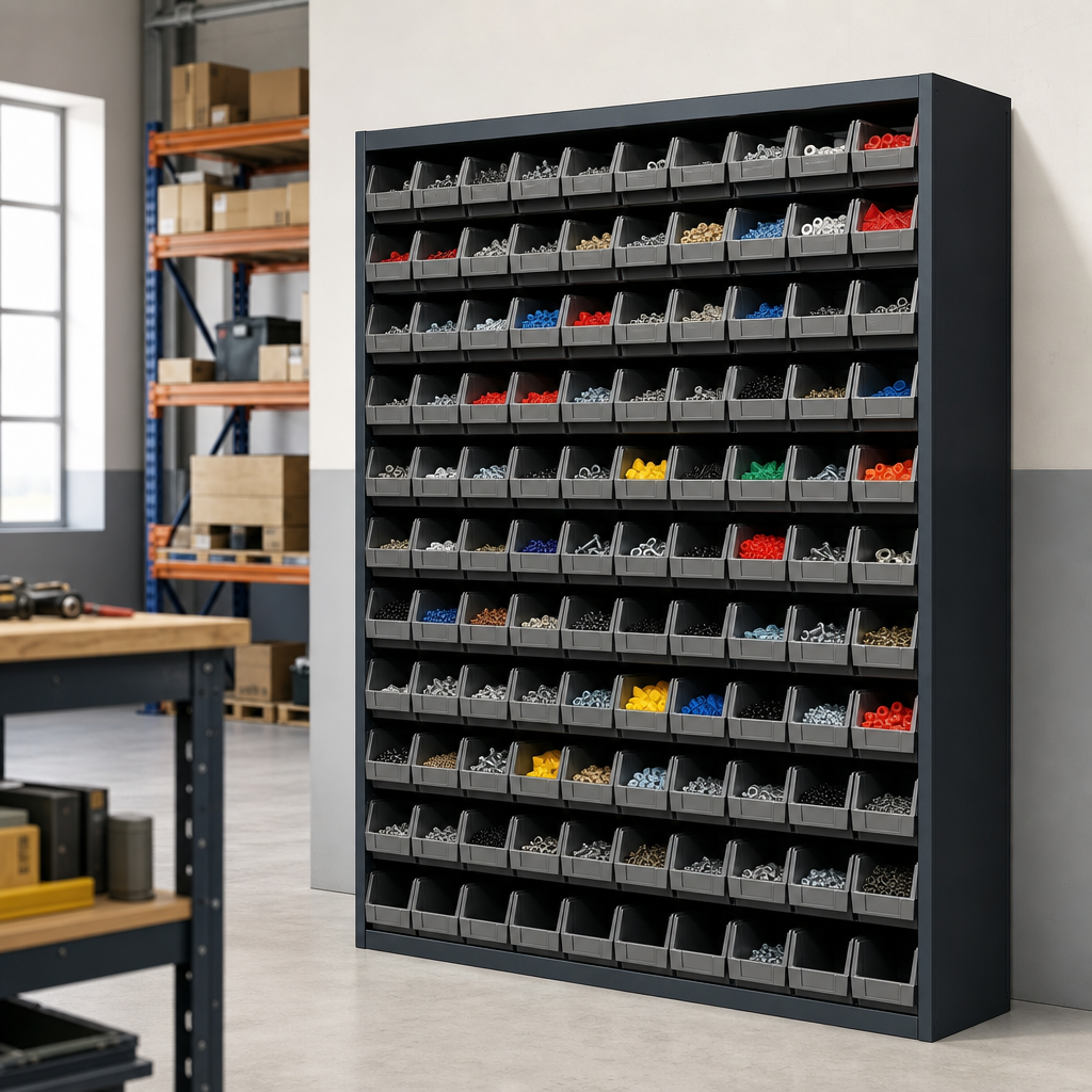 Tall Workshop Storage Cabinet with 66 Plastic Bins 2000x1050mm