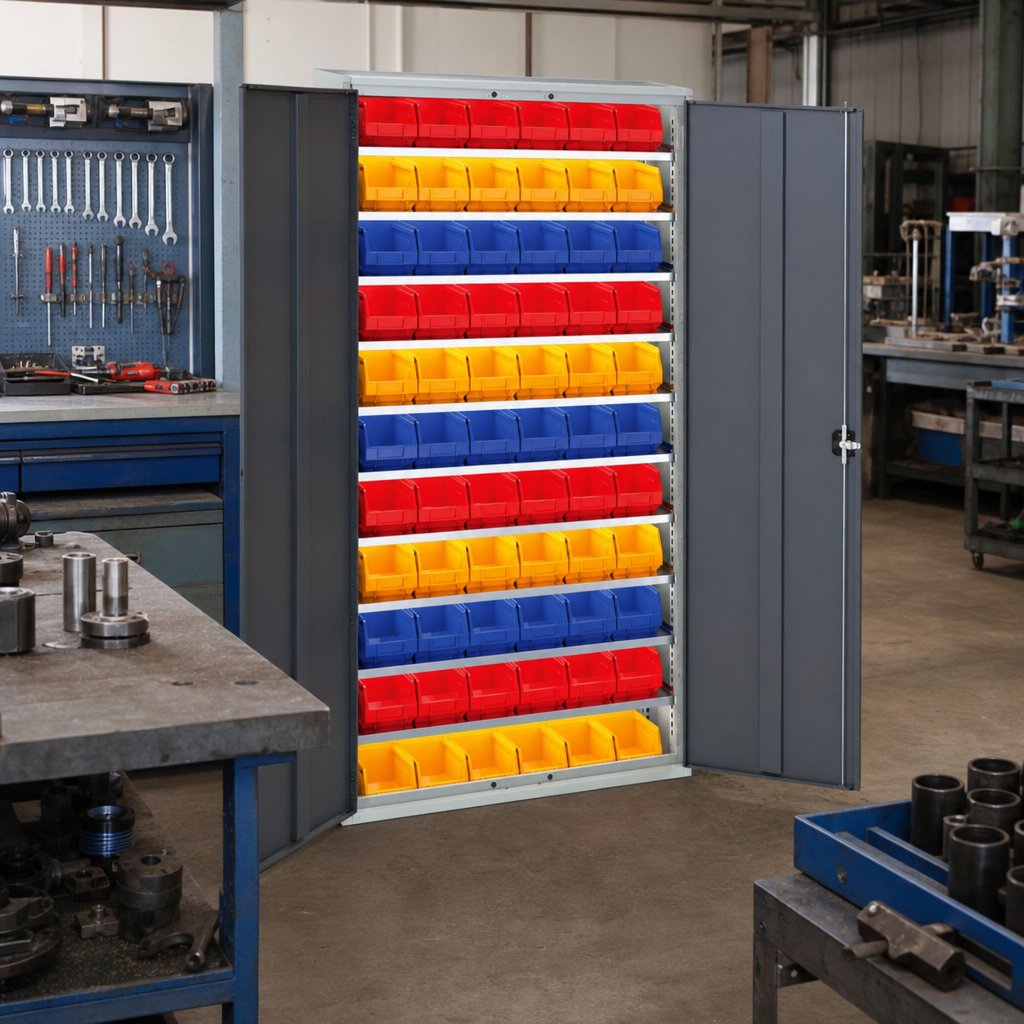 Tall Workshop Storage Cabinet with 66 Plastic Bins 2000x1050mm