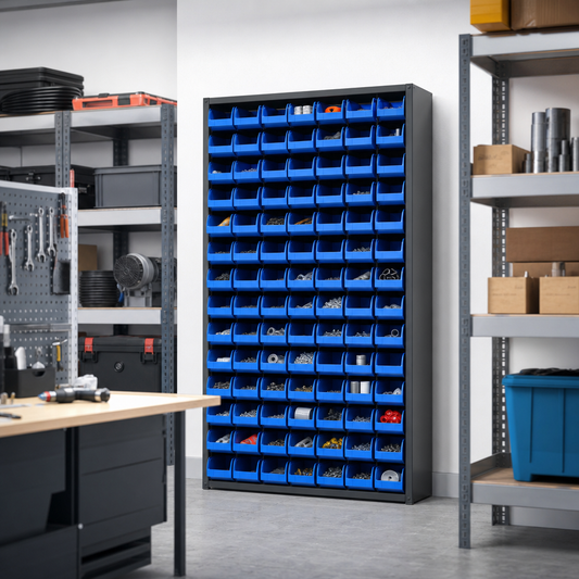 Tall Workshop Storage Cupboard with 72 Plastic Bins 2000x1050mm