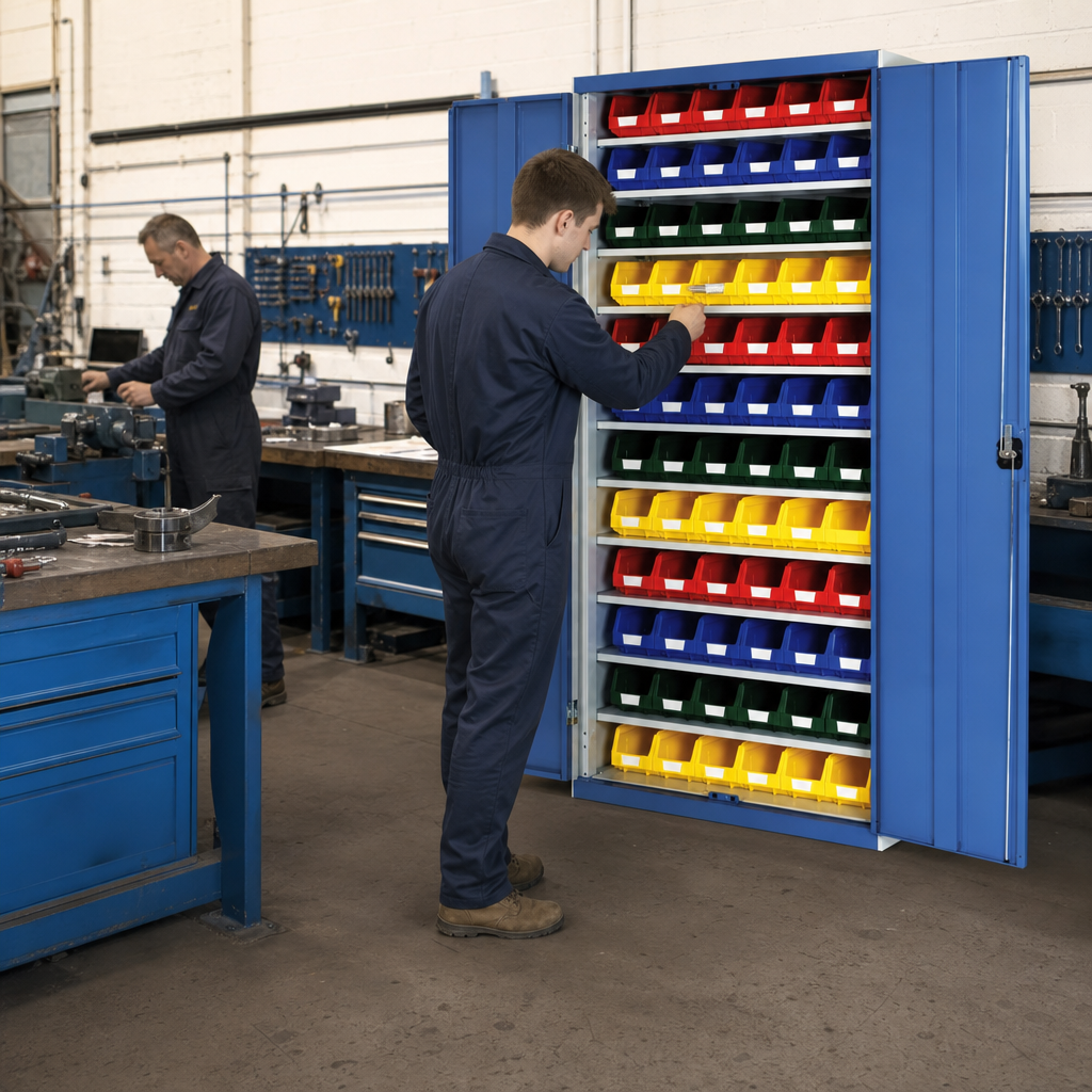Tall Workshop Storage Cupboard with 72 Plastic Bins 2000x1050mm