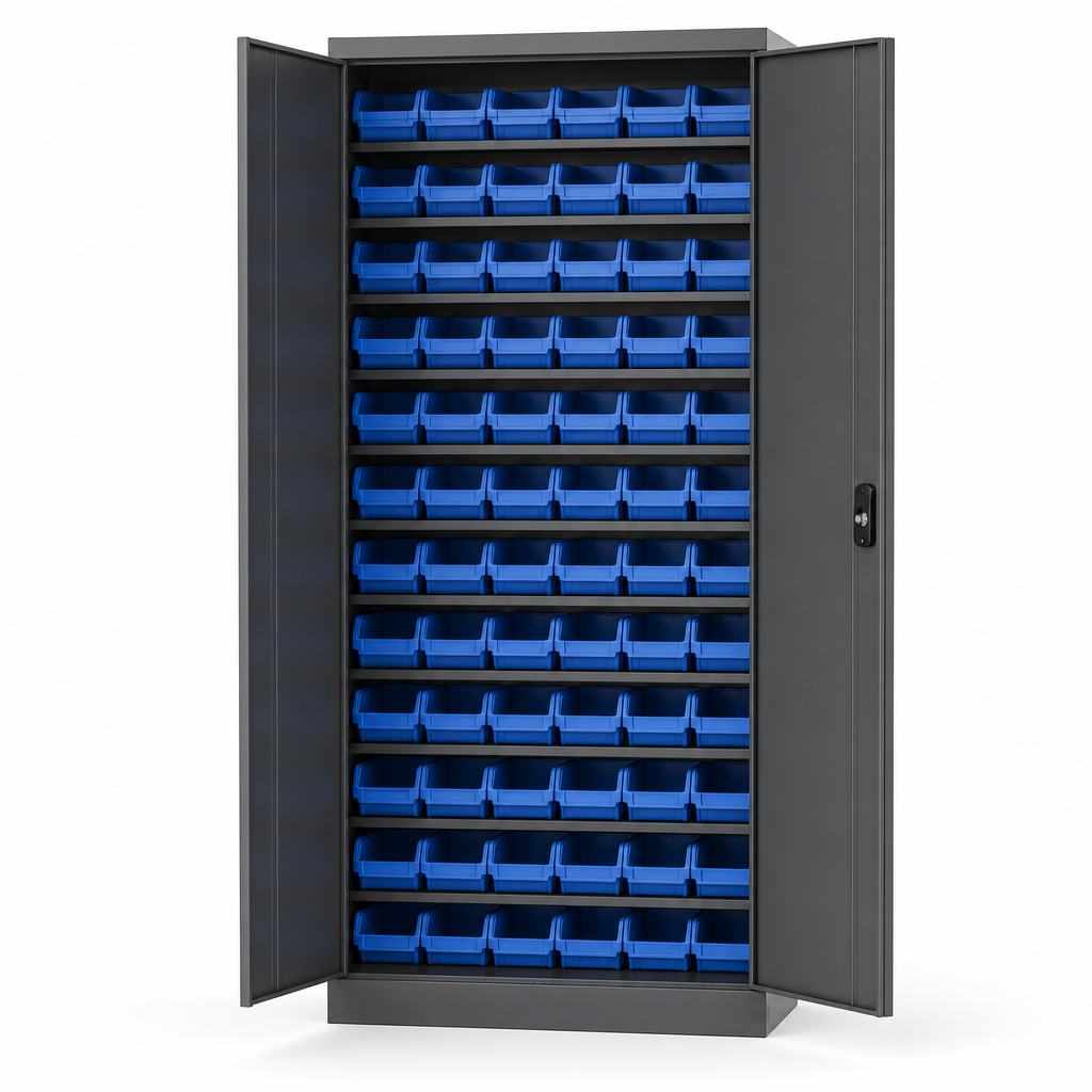 Tall Workshop Storage Cupboard with 72 Plastic Bins 2000x1050mm