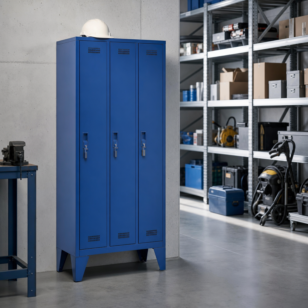 Three-Door Steel Wardrobe Lockers With Stand And Hasp Lock