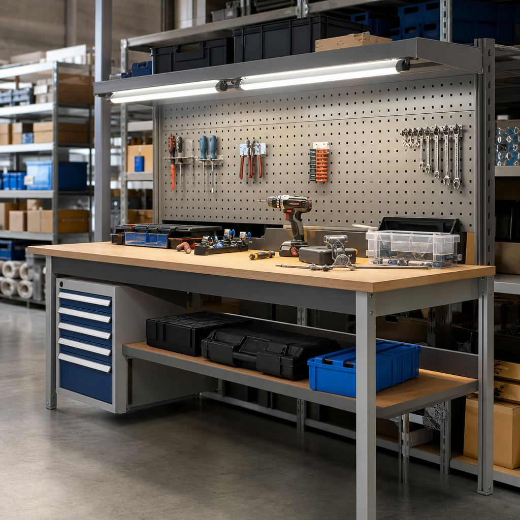 Tool and Lighting Support Accessory for Industrial Workbenches