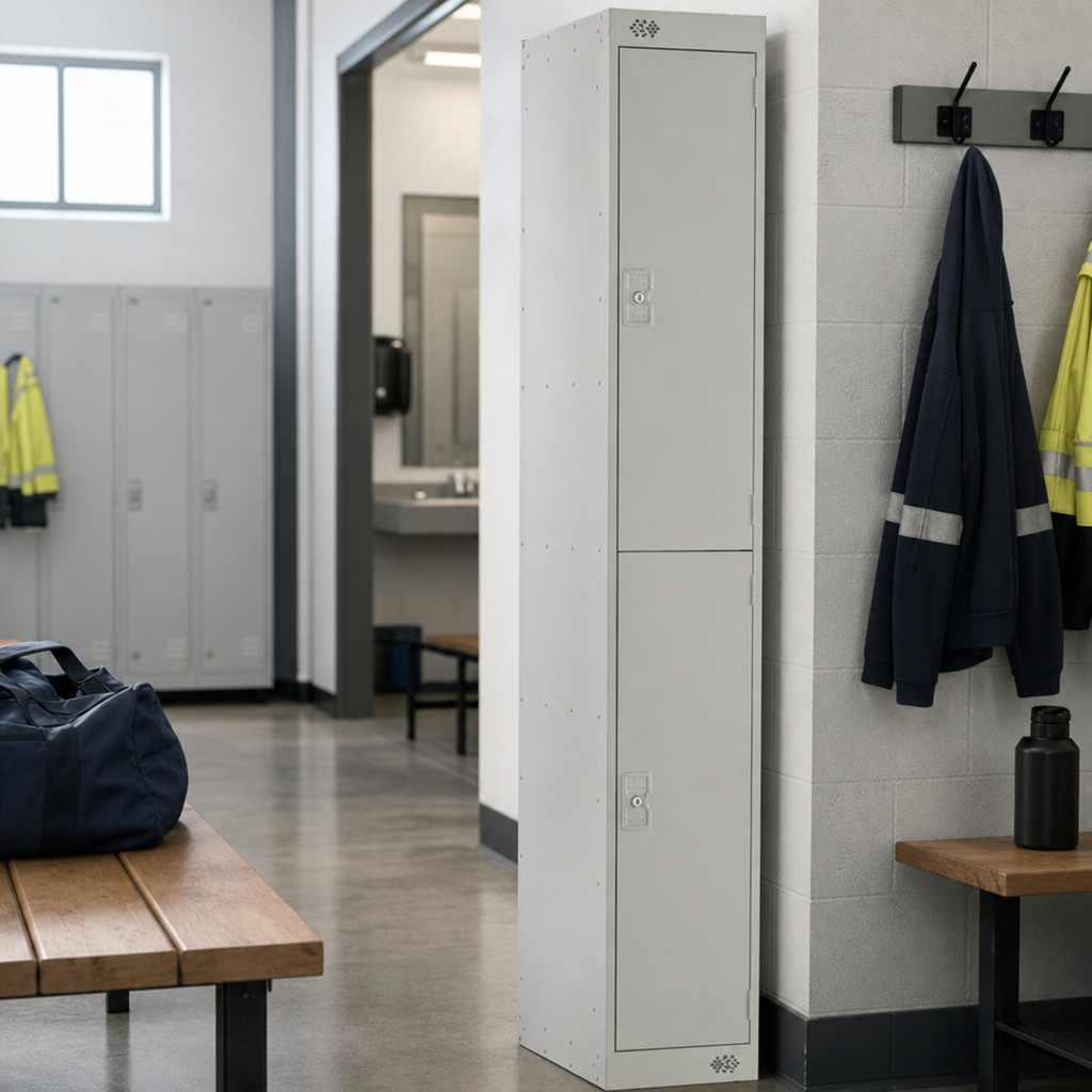 Two Door Metal Storage Lockers with Coat Hooks and Cylinder Lock