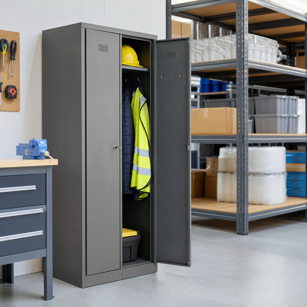 Two Door Metal Storage Lockers with Coat Hooks and Cylinder Lock