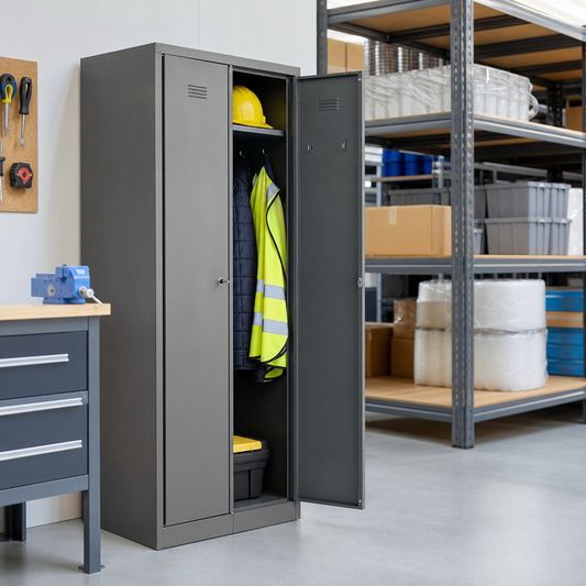Two Door Metal Storage Lockers with Coat Hooks and Cylinder Lock
