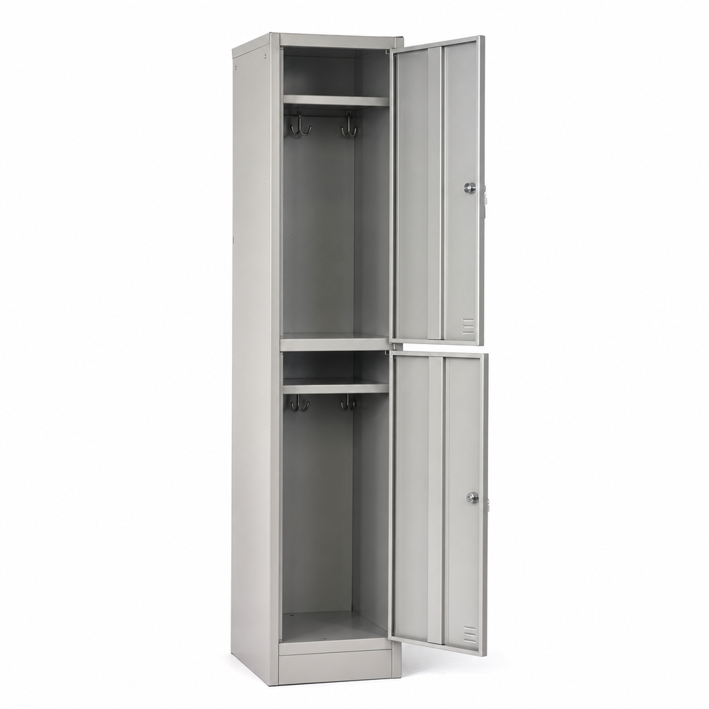 Two Door Metal Storage Lockers with Coat Hooks and Cylinder Lock