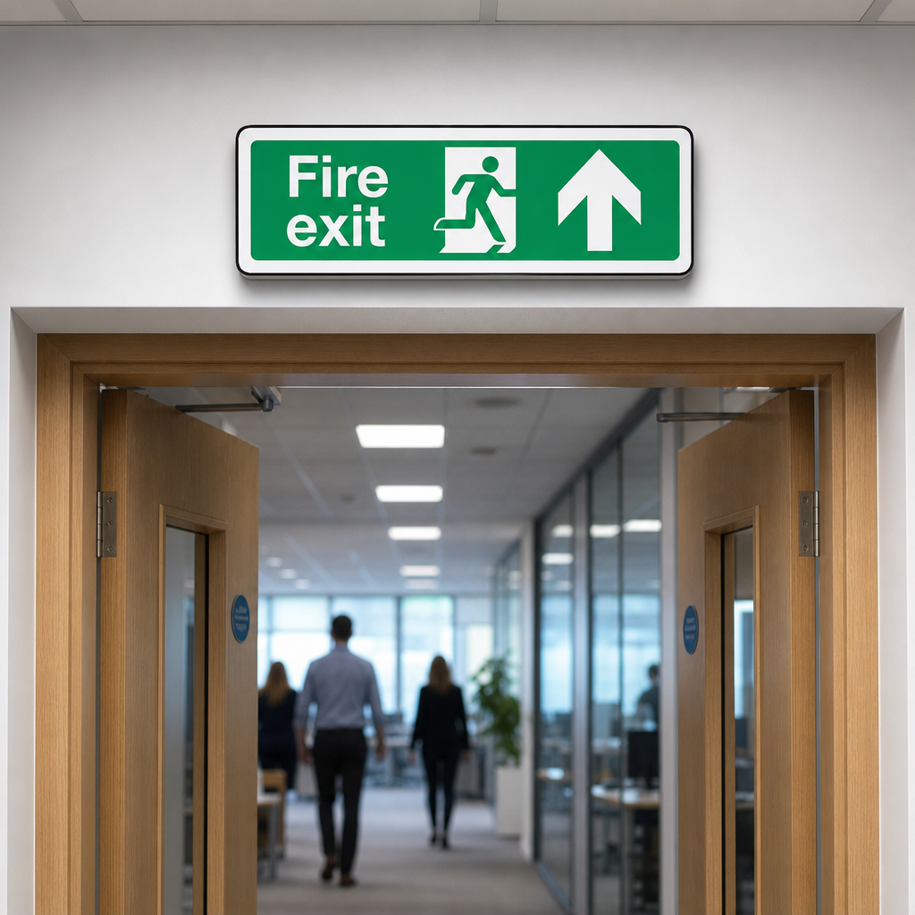 Upward Arrow Fire Exit Safety Sign in Aluminium, PVC or Vinyl
