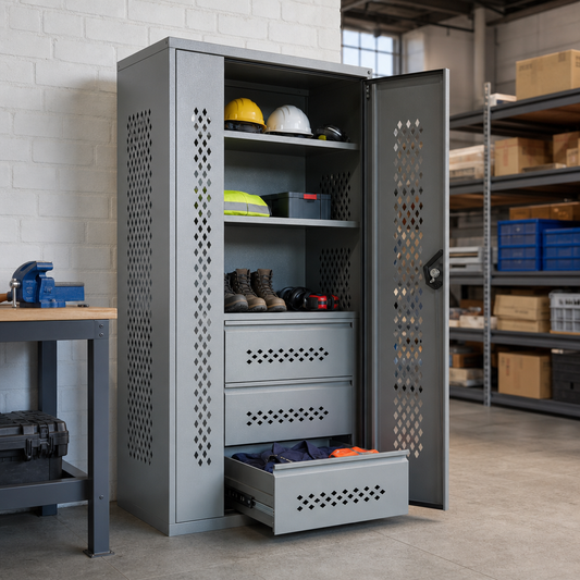 Ventilated Metal PPE Cabinet with Drawers and Shelves 1000x1050mm