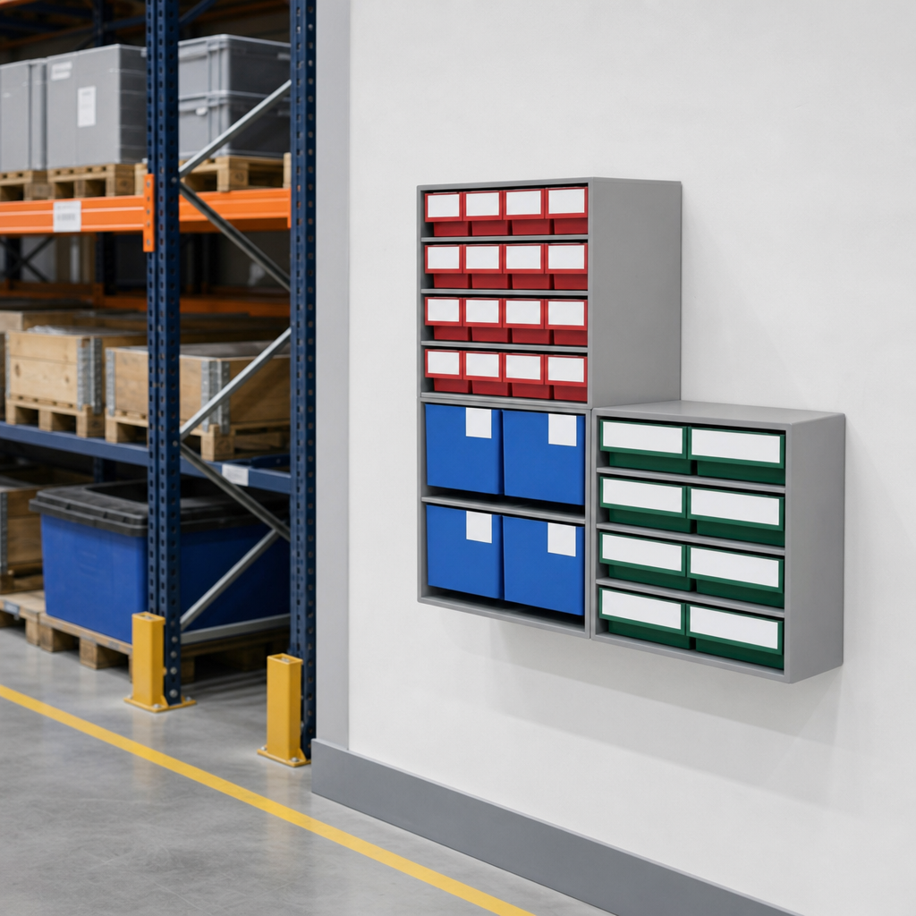 Wall Mounted Colour Coded Small Parts Bin Cabinets